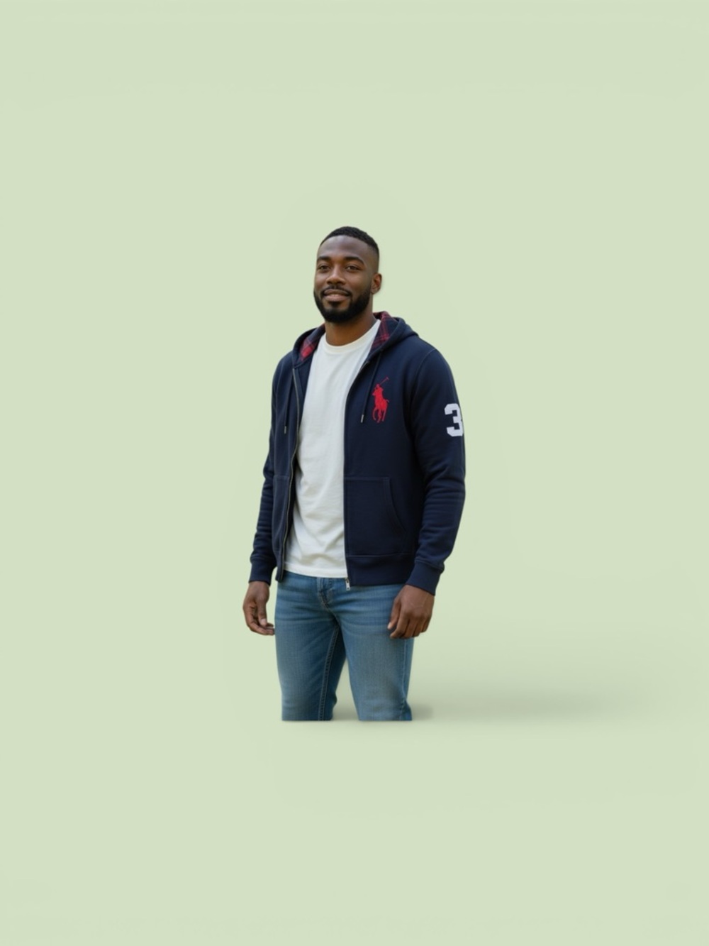 Polo by Ralph Lauren Navy Zip Hoodie with Red Pony and Tartan Hood Lining - Picture 3 of 5
